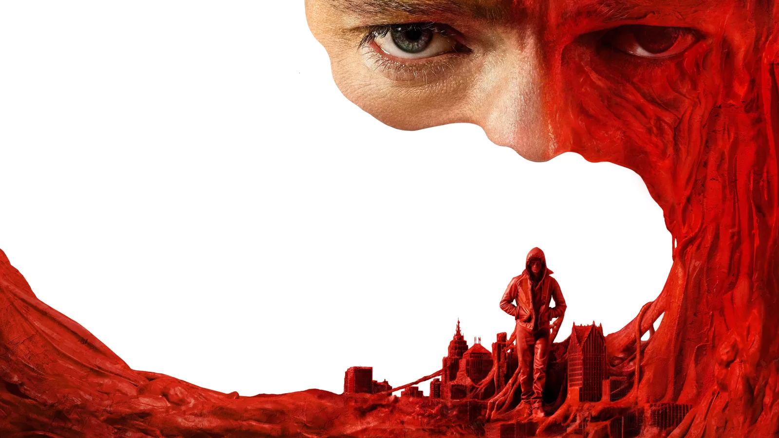 Rostro de un hombre que se deshace en arcilla roja sobre la silueta de Ciudad Gótica en el arte oficial de Clayface