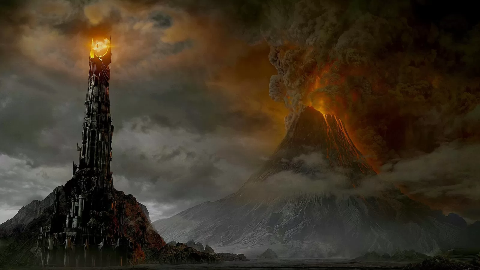 La torre oscura de Barad-dûr con el Ojo de Sauron envuelta en fuego y humo sobre Mordor