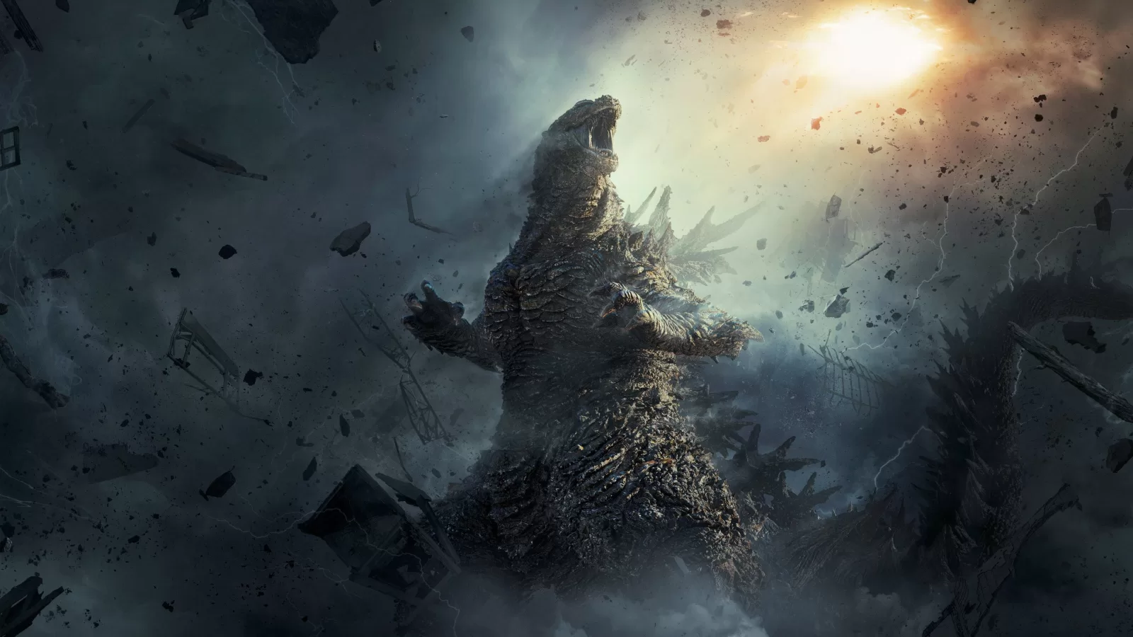 Godzilla avanza entre nubes de humo y escombros bajo un cielo gris con el sol apenas visible